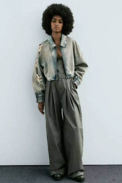 ZARA TRF Ripped Crop Denim Jacket