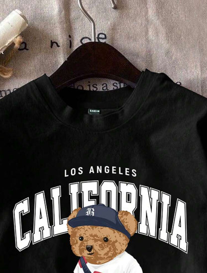 Shein Ez Wear Casual Minimalist Bear Print Round Neck T shirt (Black)