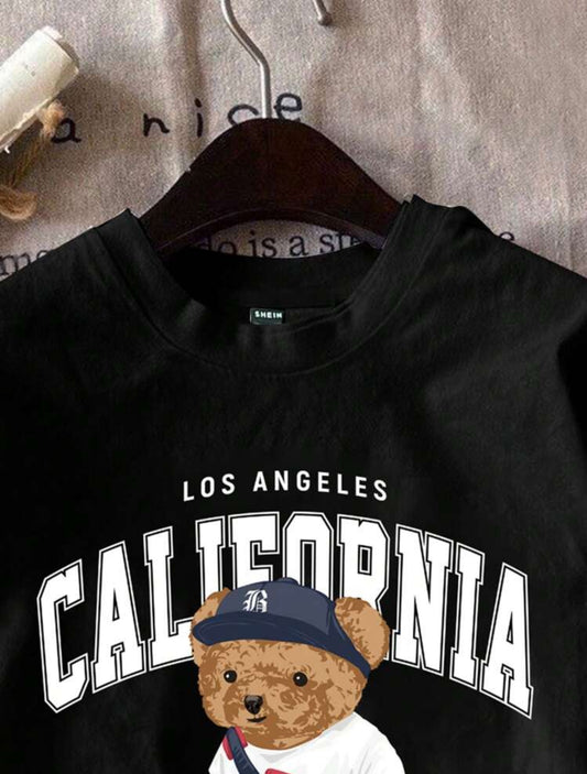 Shein Ez Wear Casual Minimalist Bear Print Round Neck T shirt (Black)