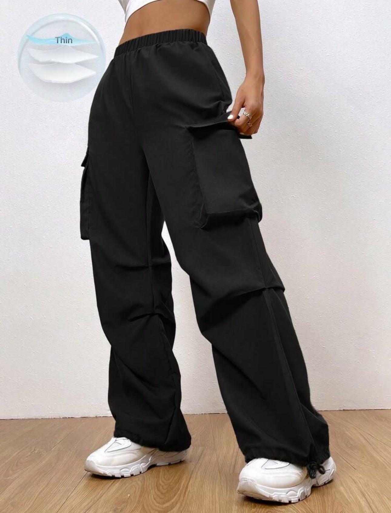 Shein EZ Wear Women Pocket Side Drawstring Hem Cargo Pant (Black)