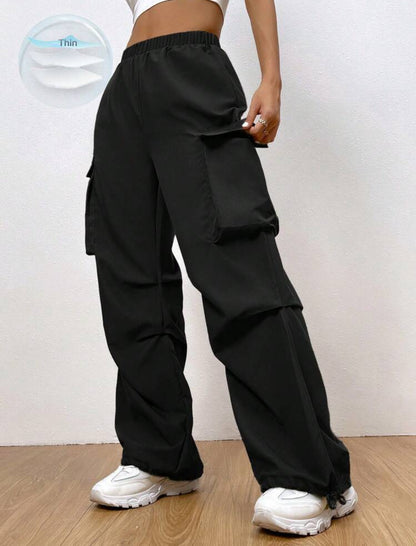 Shein EZ Wear Women Pocket Side Drawstring Hem Cargo Pant (Black)