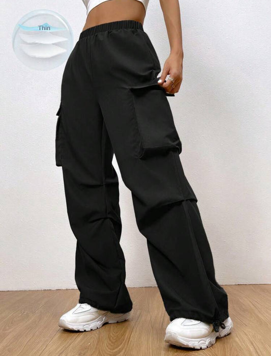 Shein EZ Wear Women Pocket Side Drawstring Hem Cargo Pant (Black)