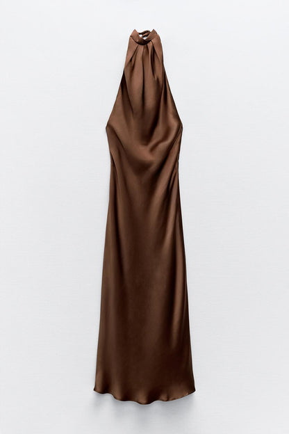 Zara Satin Halter Dress -Chocolate