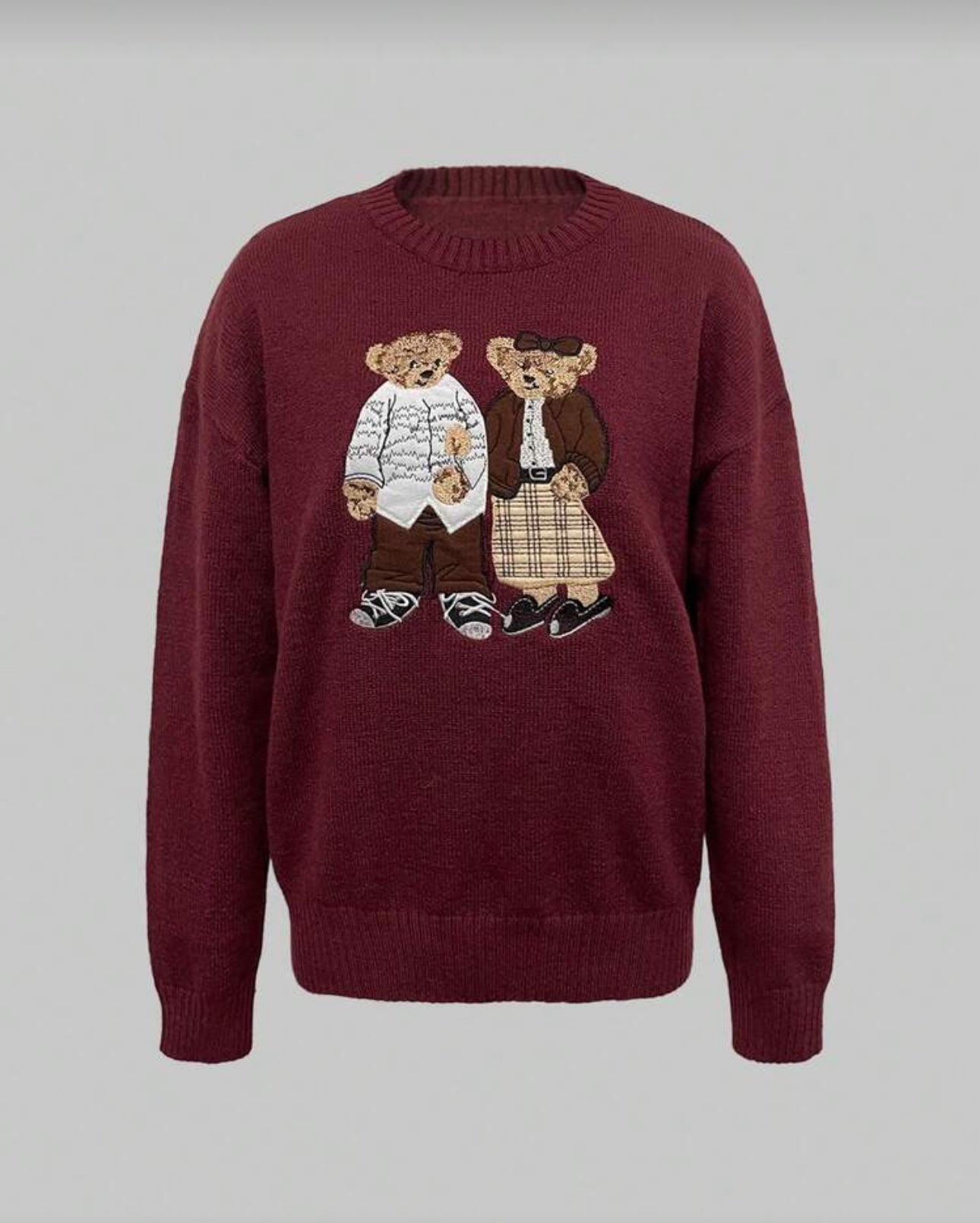 SHEIN Cartoon Bear Embroided loose Sweater WINE