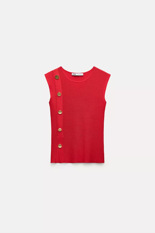 ZARA Knit Top With Gold Button - Red