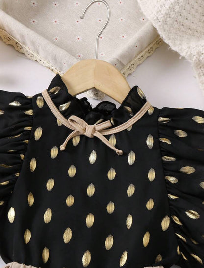 SHEIN Young Girls Gold Print Cap Sleeve Top And Pant Set