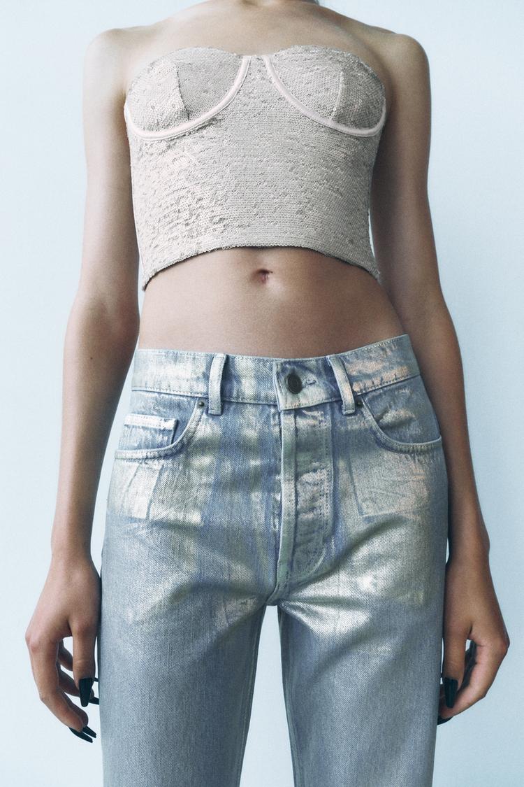 ZARA ZW Collection Relaxed Fit Mid Rise Foil Jeans -Gold