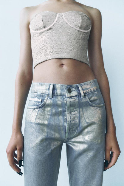 ZARA ZW Collection Relaxed Fit Mid Rise Foil Jeans -Gold