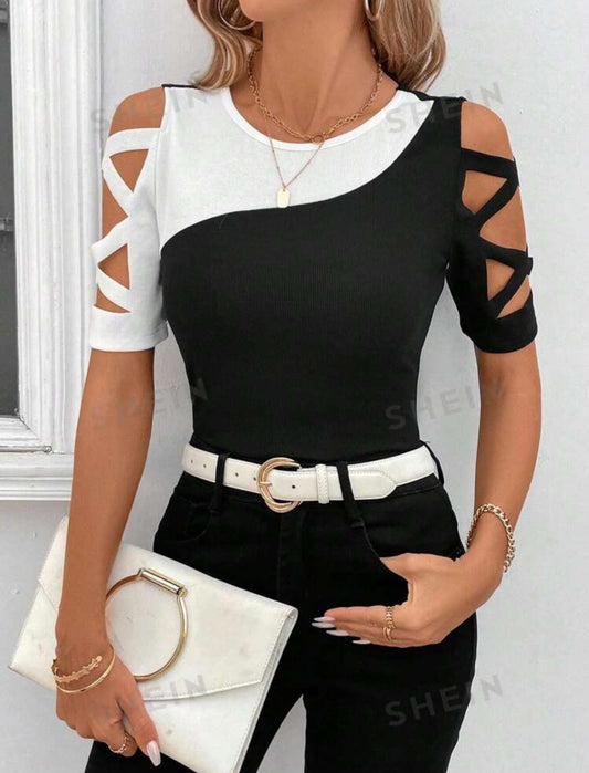 SHEIN women contrast color round neck cut out t-shirt