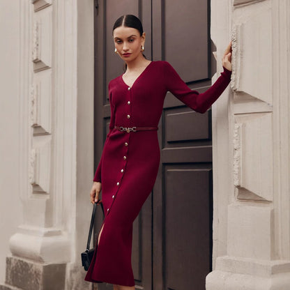 SHEIN Burgundy Knitted Sweater Dress With Belt