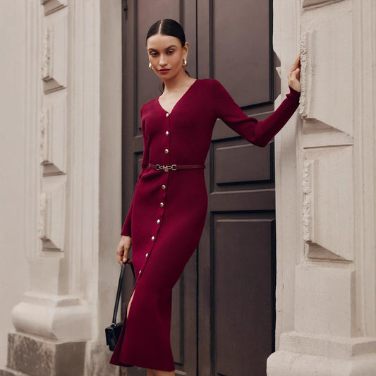 SHEIN Burgundy Knitted Sweater Dress With Belt