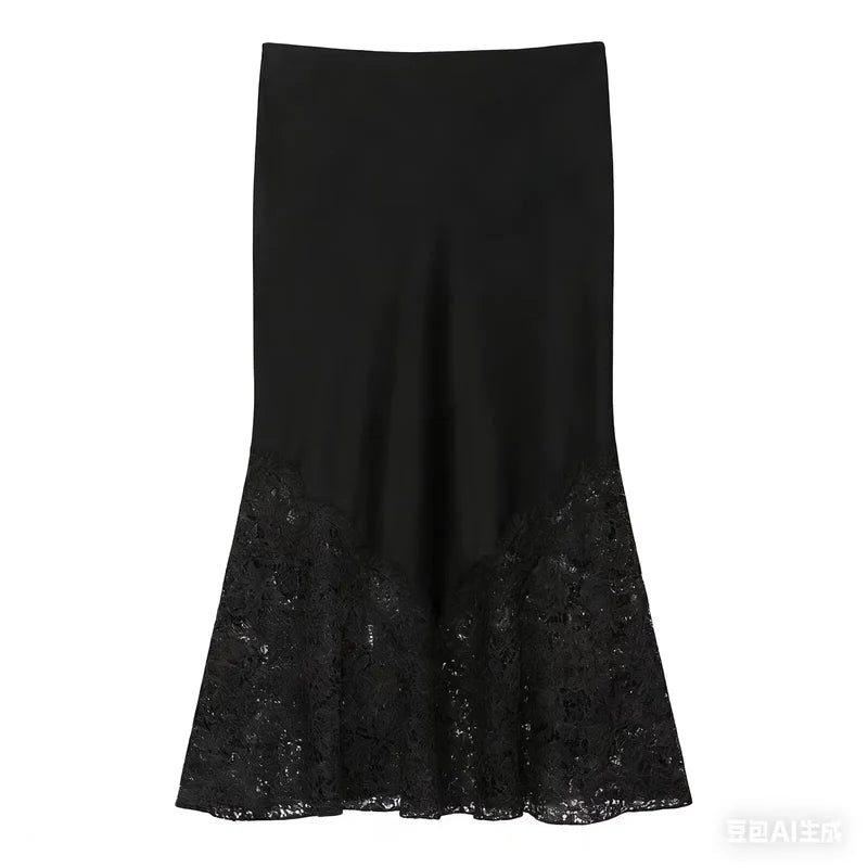 Zara Satin Skirt With Lace Trim-Black