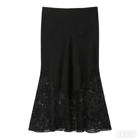 Zara Satin Skirt With Lace Trim-Black
