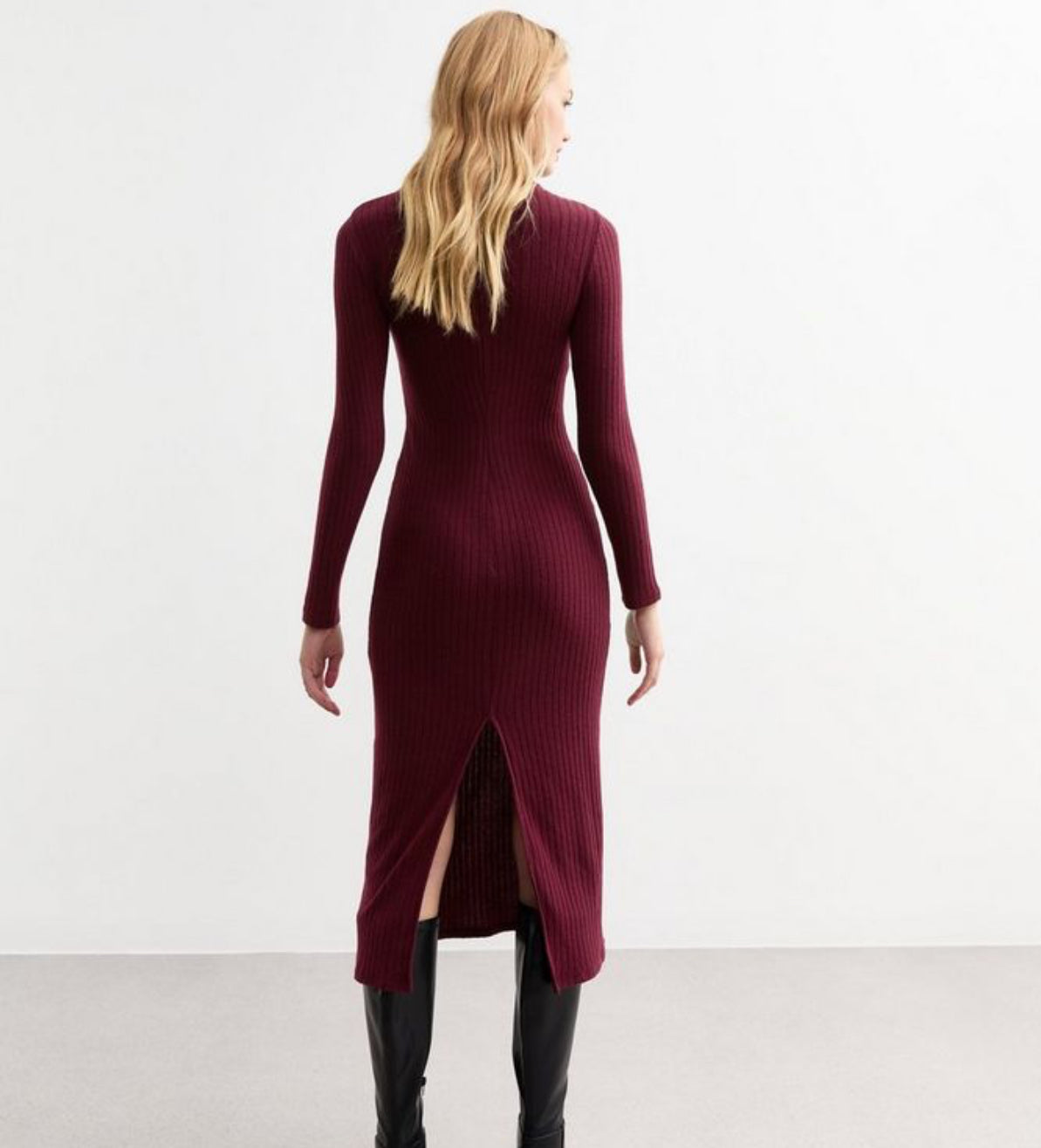 NEW LOOK Burgundy Ribbed Crew Neck Midi Dress