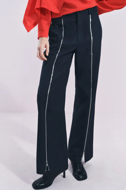 ZARA ZW Collection Straight Trouser With Zip -Blue