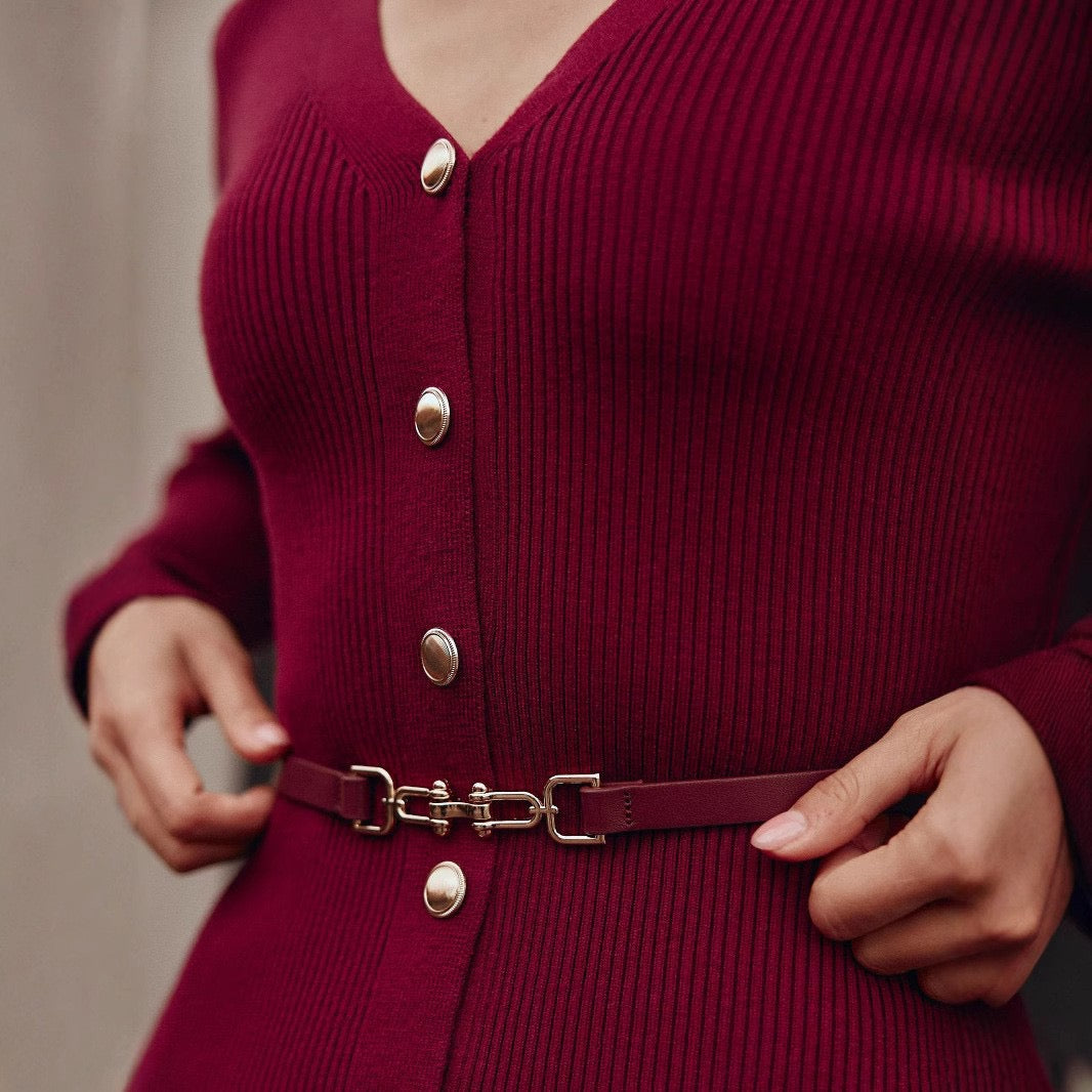 SHEIN Burgundy Knitted Sweater Dress With Belt