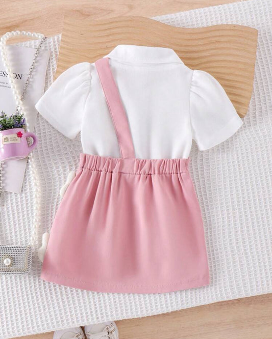 SHEIN Baby Girls White Short Sleeve Tee And Stylish Bib Over