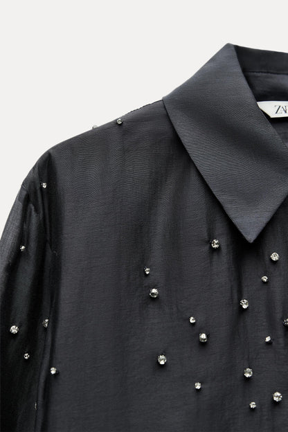 ZARA ZW Collection Embroided Shirt With Jewels-Dark Grey