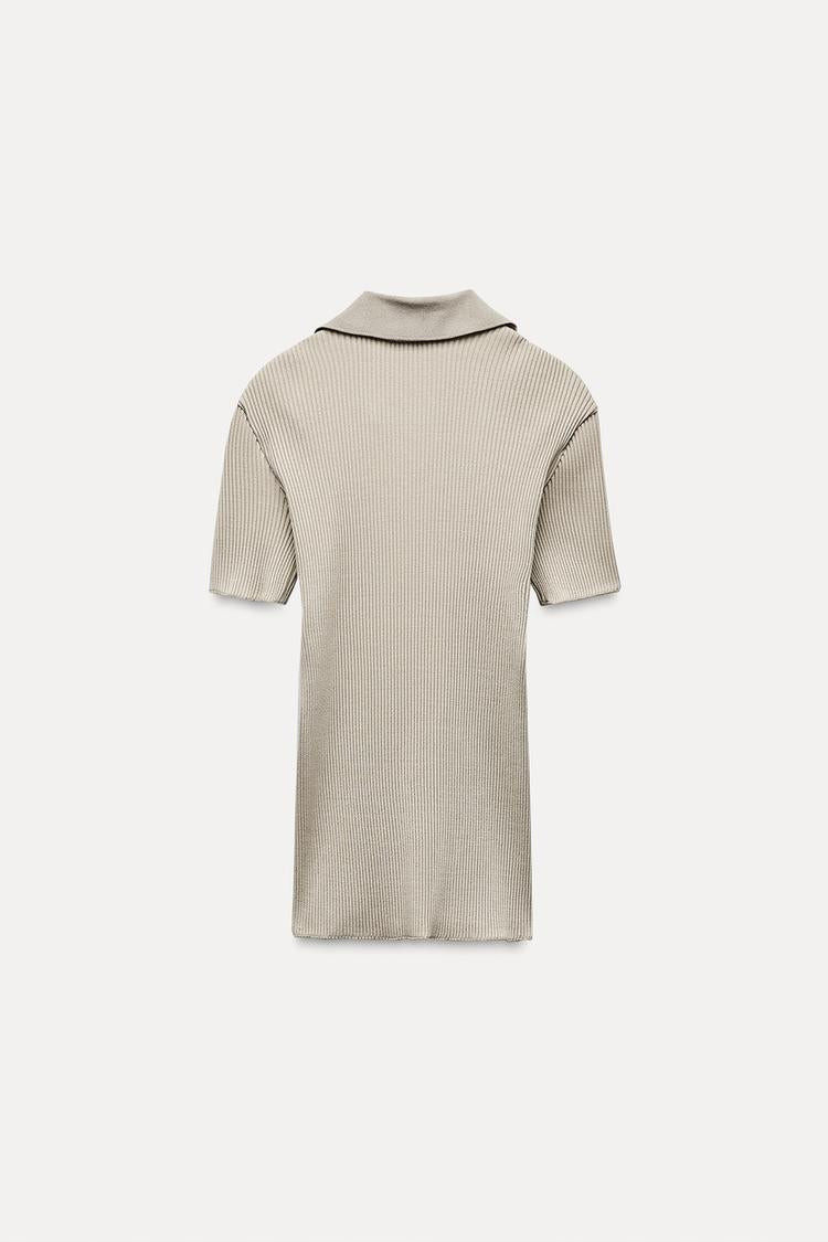 ZARA Ribbed Polo Collar Top - Light Green