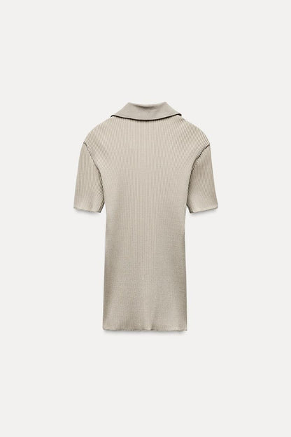 ZARA Ribbed Polo Collar Top - Light Green