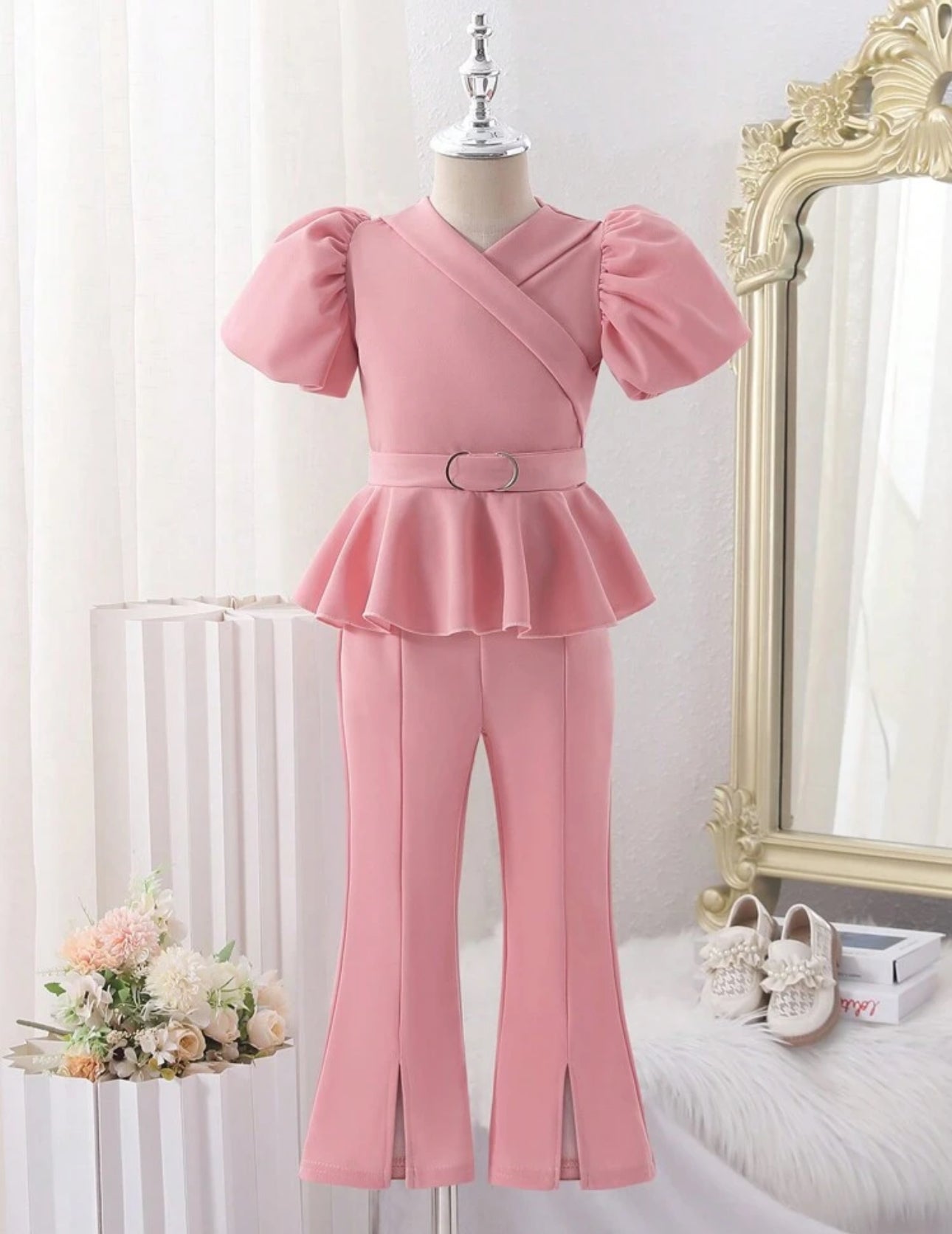 SHEIN Girls Elegent Waist Cinching V Neck Ruffled sleeve