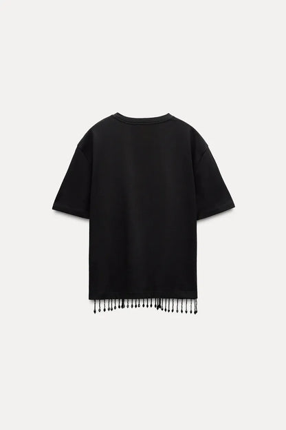 ZARA Jewel Fringe T Shirt - Black