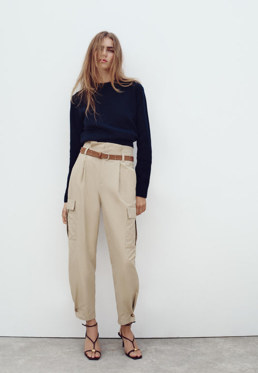 ZARA Belted Paper Bag Cargo Trouser -Light Khaki