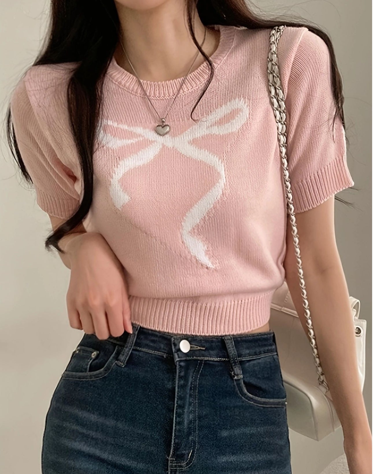 SHEIN knitted Short Sleeve Bow T-shirt