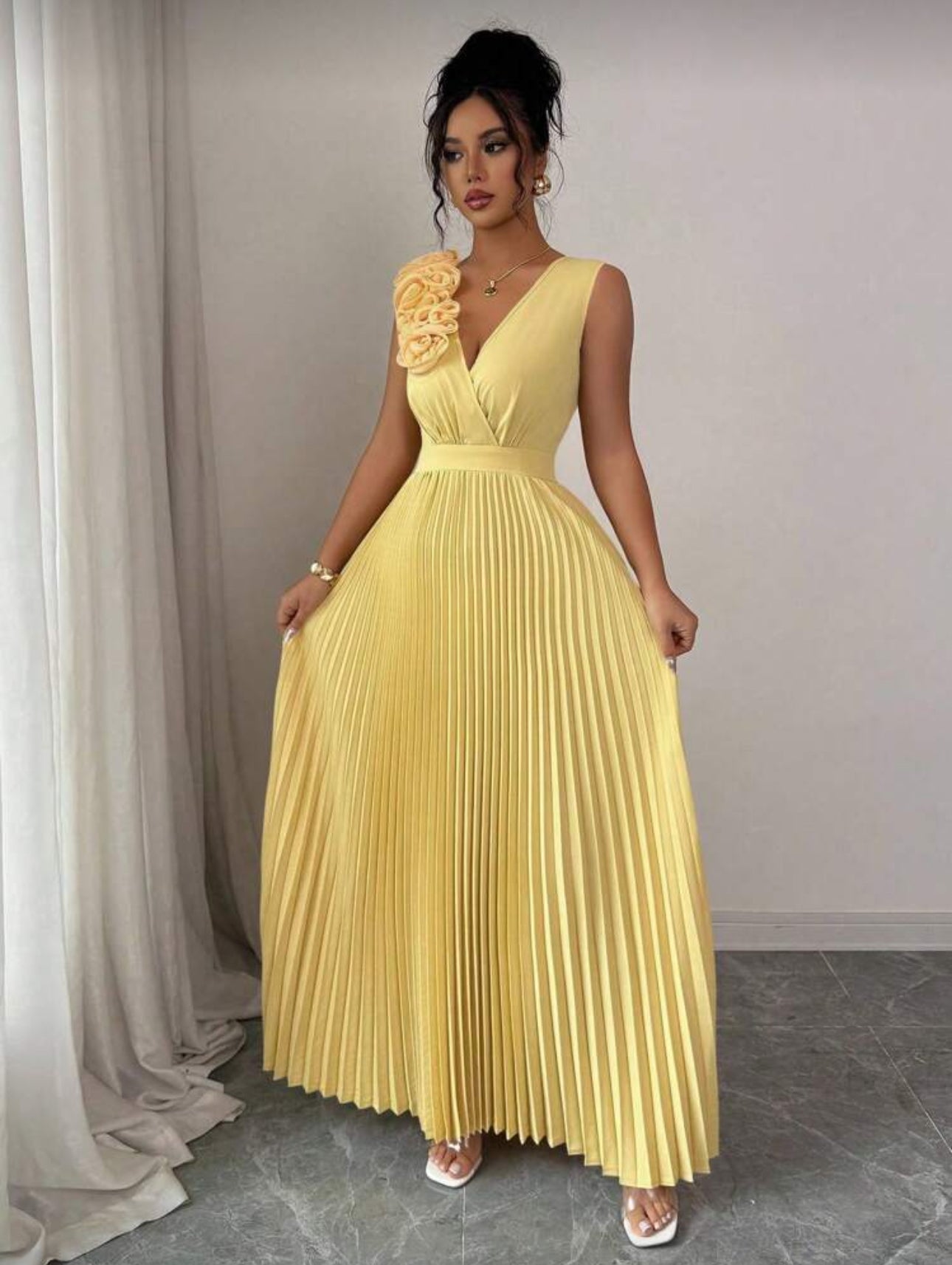 Shein Cream Yellow Crossed V Neck Dress