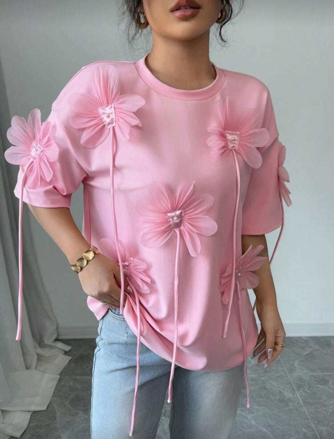 Shein Frech 3D Floral Pink Short Sleeve T Shirt