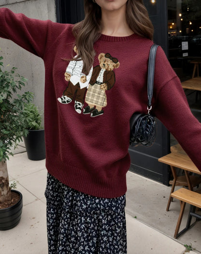 SHEIN Cartoon Bear Embroided loose Sweater WINE
