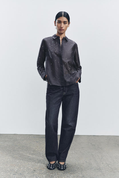 ZARA ZW Collection Embroided Shirt With Jewels-Dark Grey