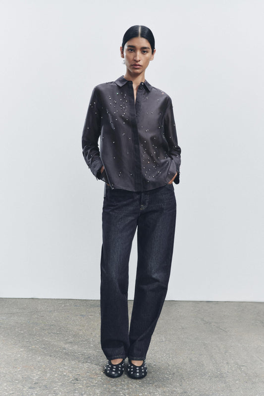 ZARA ZW Collection Embroided Shirt With Jewels-Dark Grey