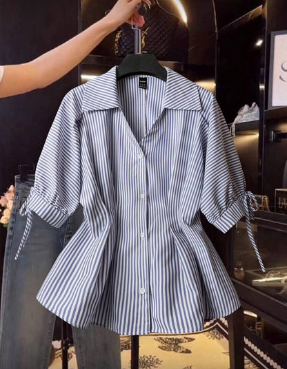 Shein Short Sleeve Blouse Striped Shirt Blue