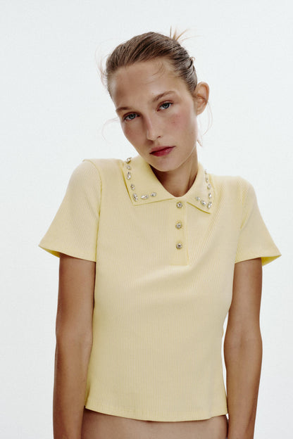 Zara Jewel Collar Ribbed Polo Yellow
