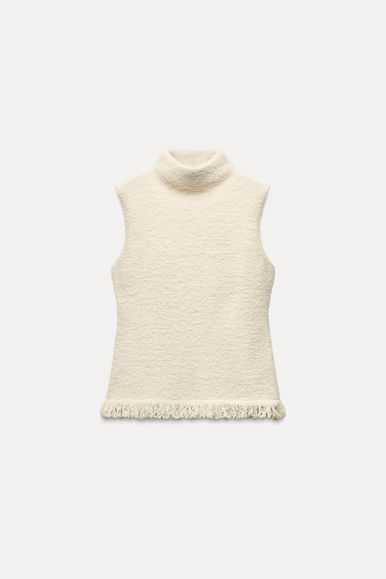 ZARA Fringed knit top-Ecru