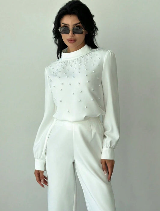SHEIN Firerie Women Elegent Romantic Pearl Décor Ruched Long Sleeve