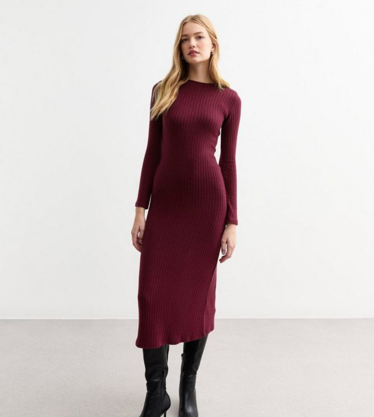 NEW LOOK Burgundy Ribbed Crew Neck Midi Dress