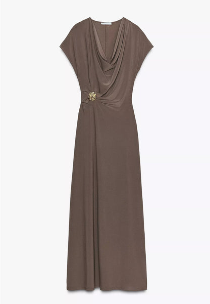 Zara Draped Dress With Hardware Brown