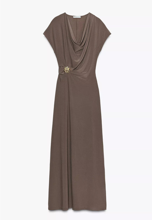 Zara Draped Dress With Hardware Brown