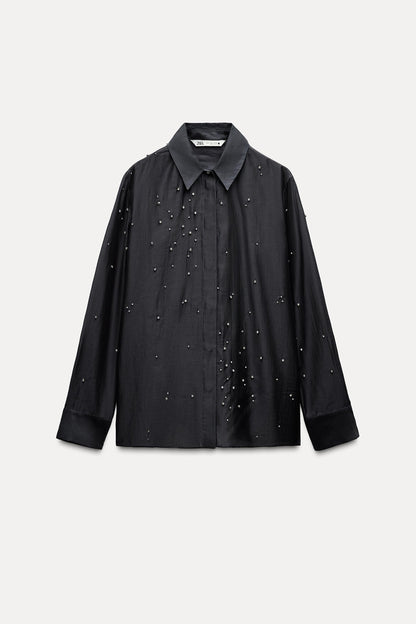 ZARA ZW Collection Embroided Shirt With Jewels-Dark Grey