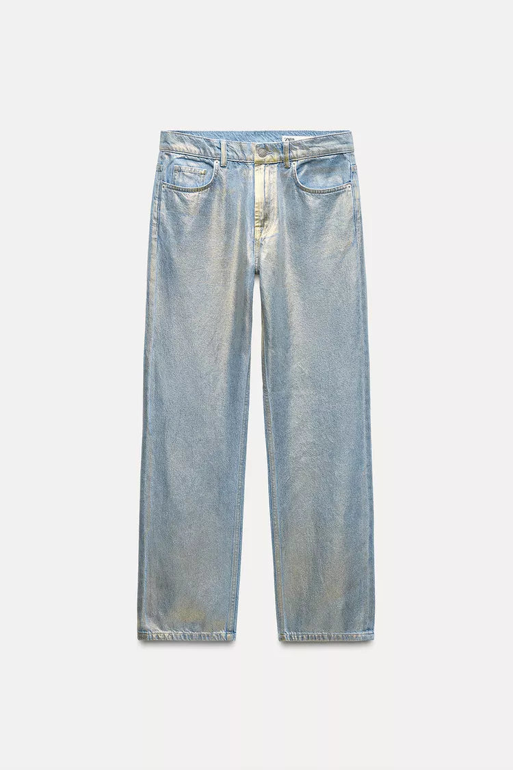 ZARA ZW Collection Relaxed Fit Mid Rise Foil Jeans -Gold