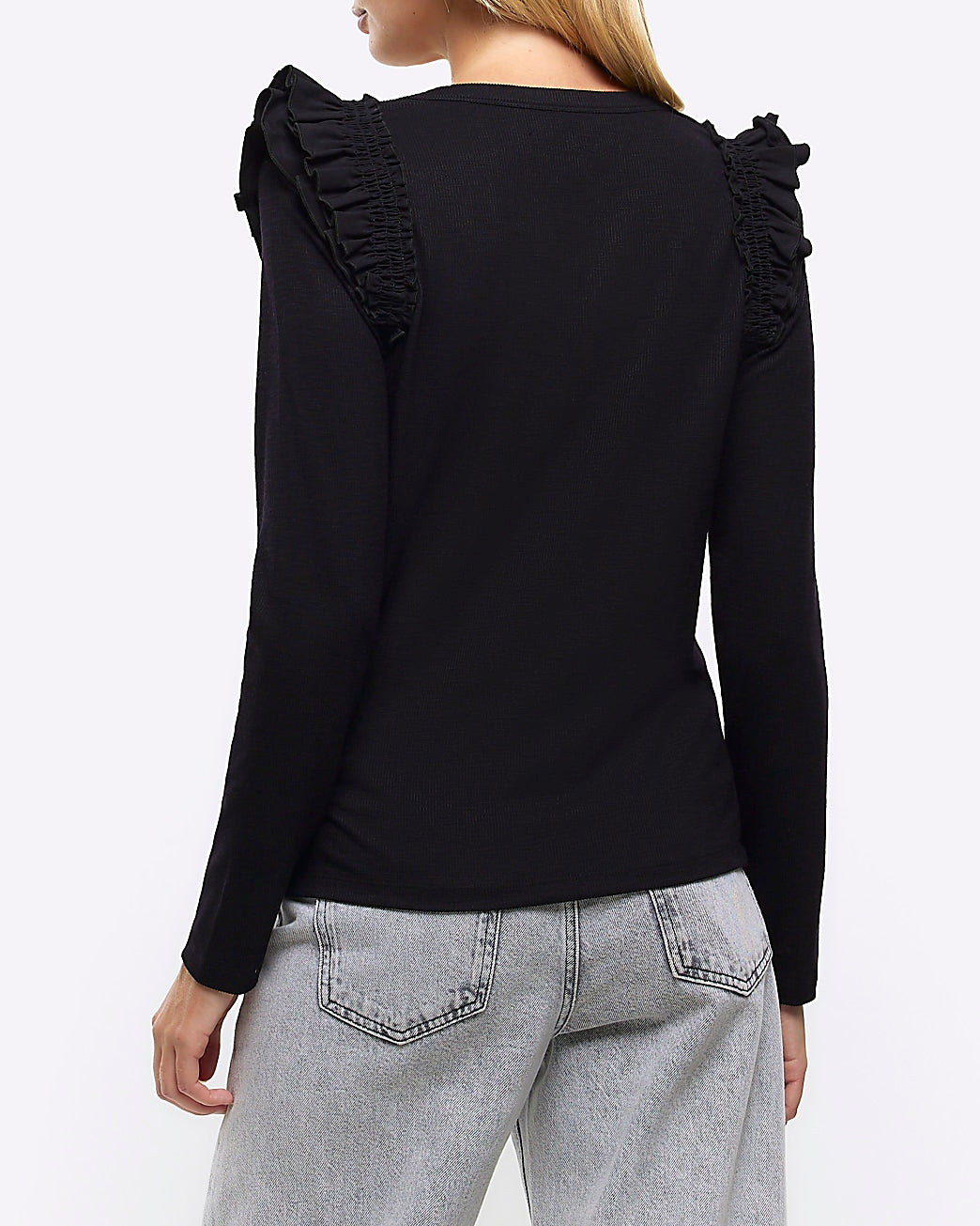 River Island Black rib frill long sleeve top