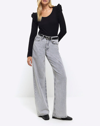 River Island Black rib frill long sleeve top
