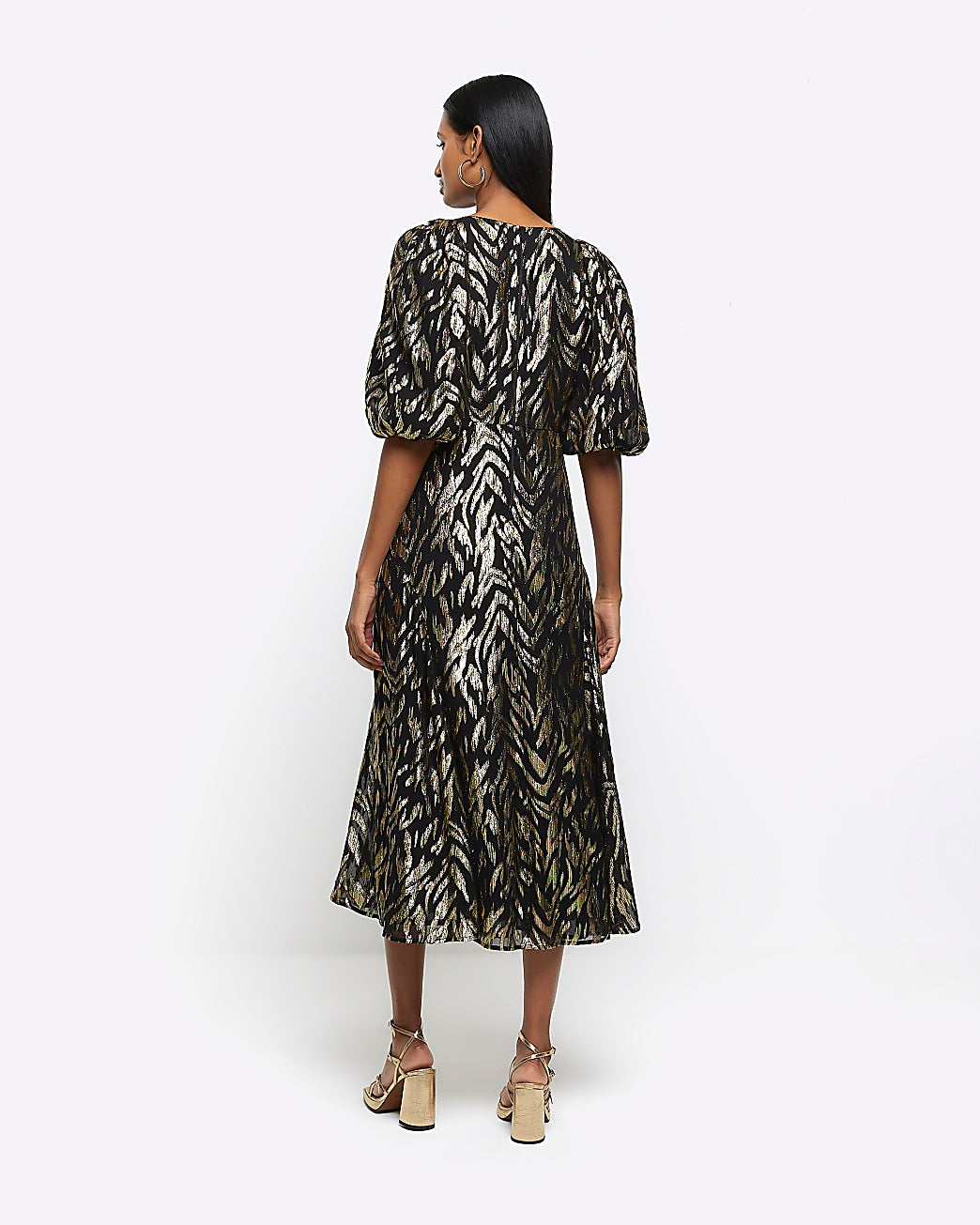 River Island Black Metallic animal print midi dress