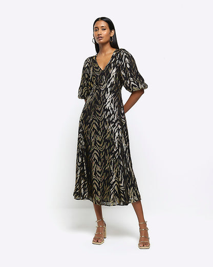 River Island Black Metallic animal print midi dress