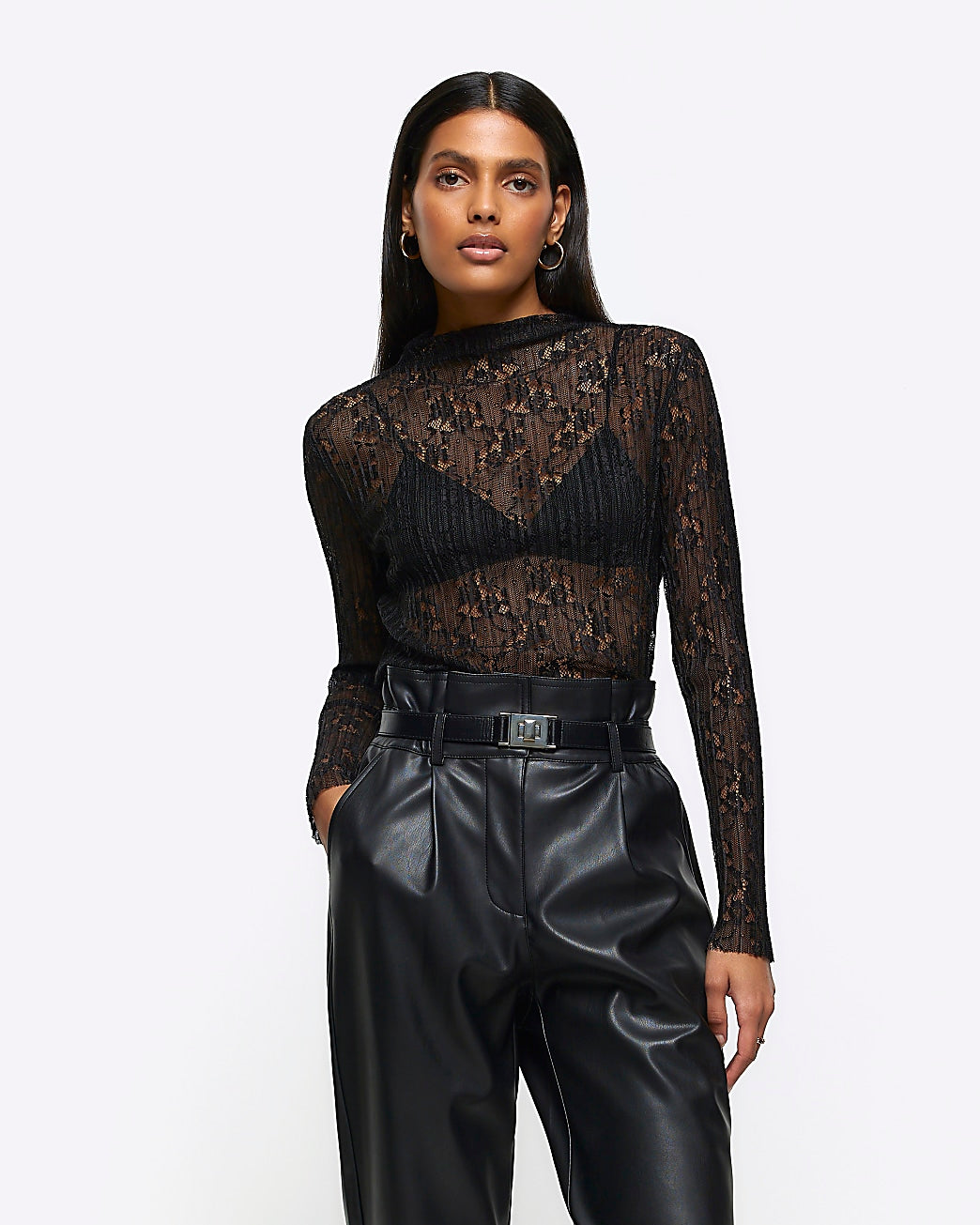 River Island Black lace long sleeve top