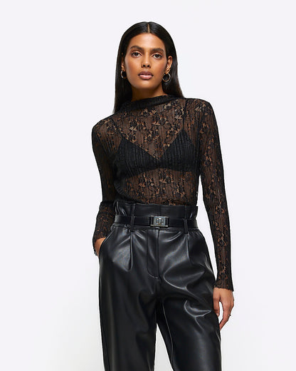 River Island Black lace long sleeve top