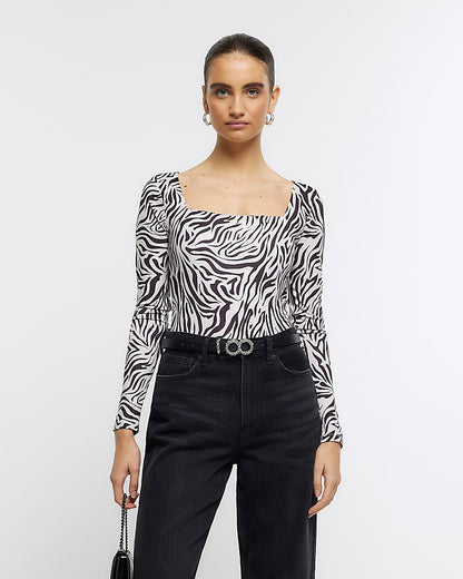 River Island Beige animal print square neck bodysuit