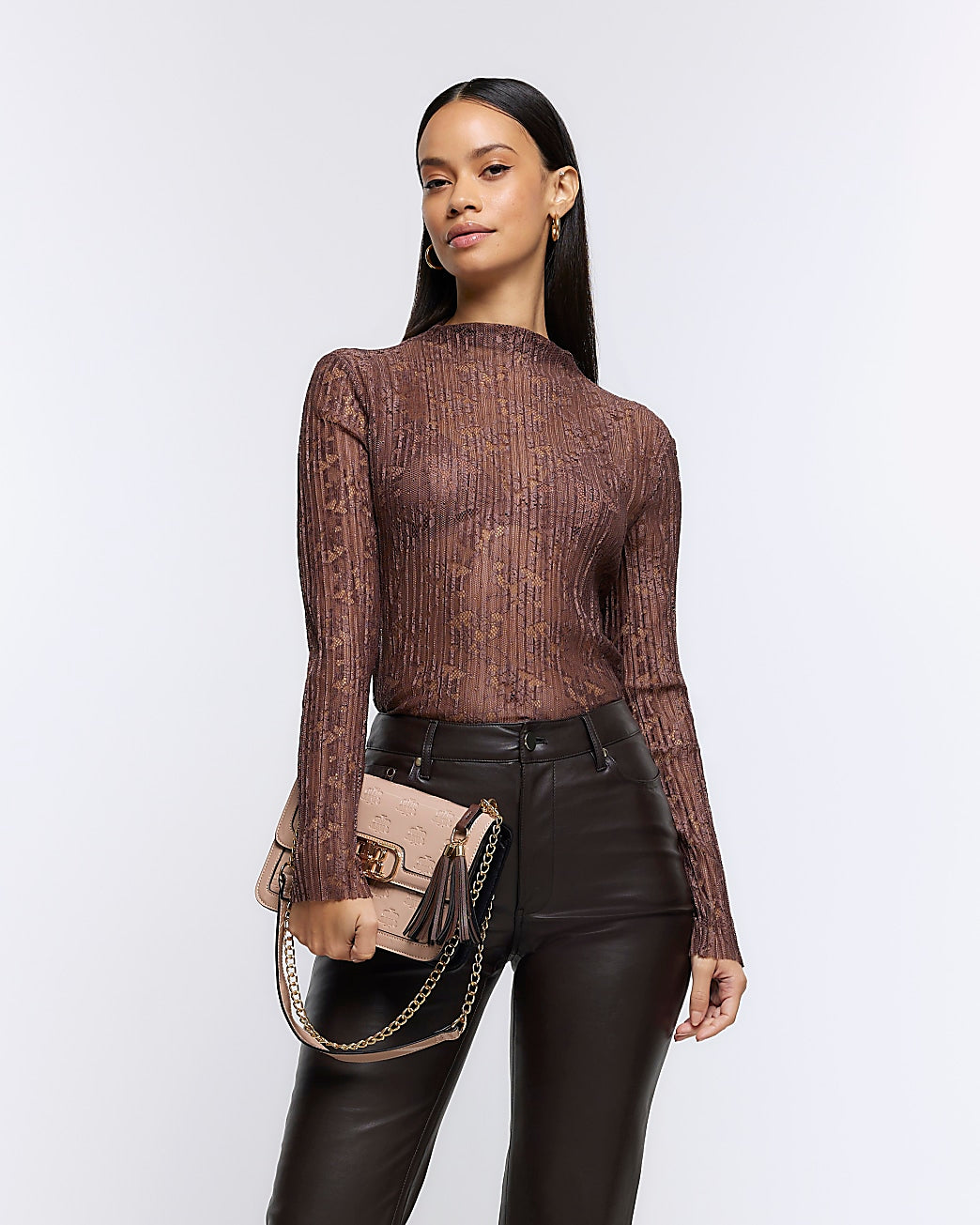 River Island Brown lace long sleeve top